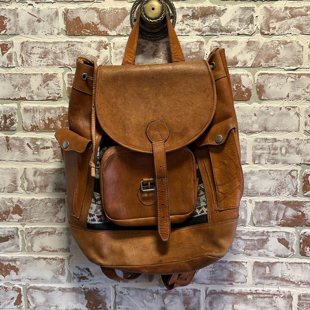 Classic Cognac Leather Backpack with Front Buckle Pocket